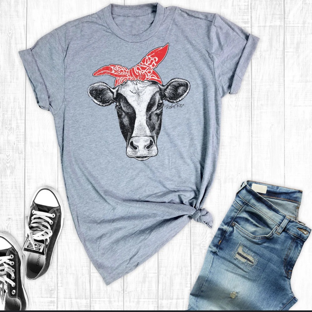 Next Level | Medium | Grey Tee | Cow with Red Head Bandana